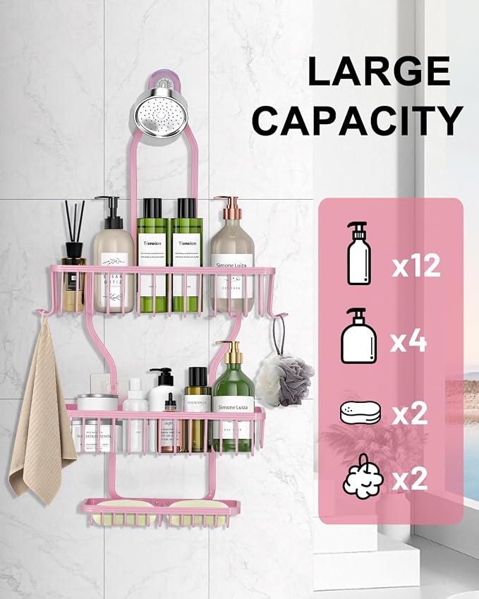 Pink Shower Caddy for Bathroom - Never Rust Hanging Shower Organizer with Soap Basket and Hooks - Large Capacity 3 Tier Aluminum Over The Showerhead Caddy - Image 7