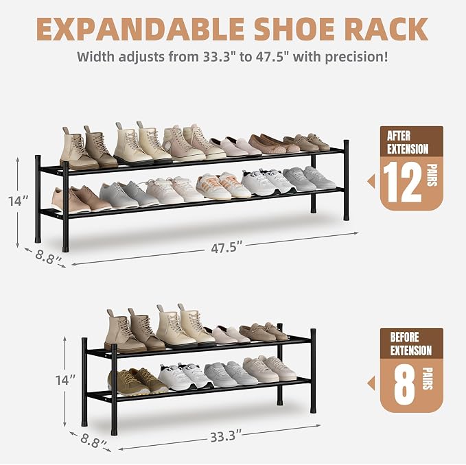 STORAGE MANIAC Long Expandable Shoe Rack, 12 Pairs Metal Wide Stackable Shoe Rack, Adjustable Shoes Shelf, Freestanding Shoes Organizer for Closet, Entryway, Hallway, Garage, Front Door, 2 Tiers - Image 2