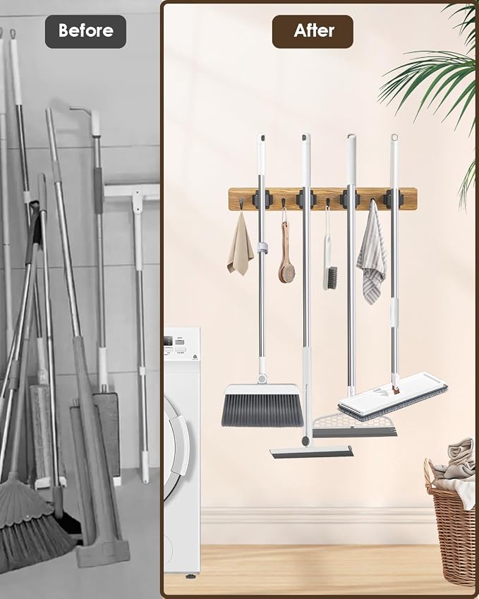 AceMining Broom Holder Wall Mounted, 2 Pack 4 Holders and 4 Hooks Mop Holder, Wooden Mop and Broom Holder with Anti slip rubber, Natural pine wood Brush Holder, Mop Wall Holde with Nail installation - Image 2