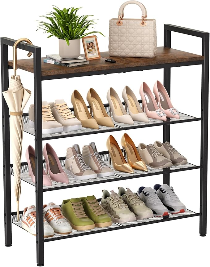 WIN4ALL Shoe Rack for Front Door Entrance, 4 Tier Shoe Rack for Entryway, 12-16 Pairs of Shoes, Metal Shoe Rack Organizer, Free Standing Shoe Rack for Closet (Black+Rustic Brown) by WIN4ALL