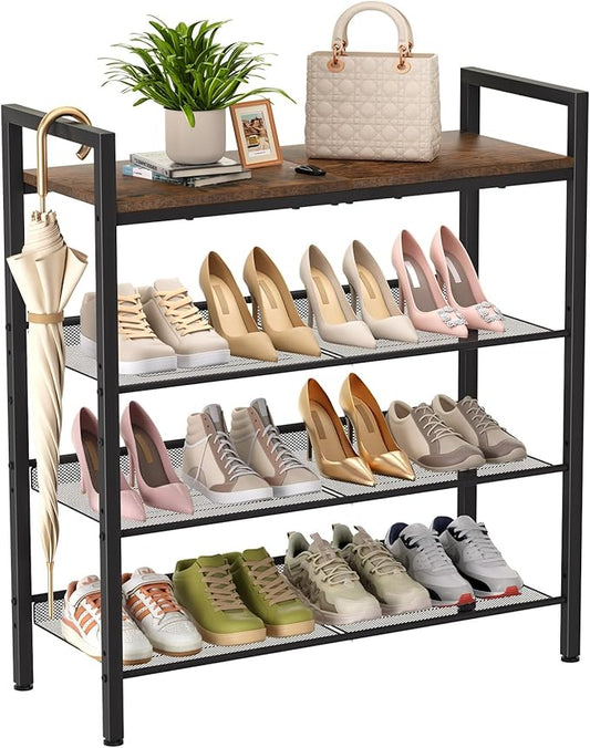 WIN4ALL Shoe Rack for Front Door Entrance, 4 Tier Shoe Rack for Entryway, 12-16 Pairs of Shoes, Metal Shoe Rack Organizer, Free Standing Shoe Rack for Closet (Black+Rustic Brown) by WIN4ALL
