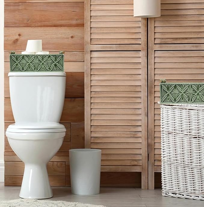 HOSROOME Macrame Boho Decor Baskets for Organizing Woven Decorative Basket for Countertop Toilet Paper Basket for Tank Top for Home Decor Bedroom Nursery Livingroom Entryway (Set of 2,Green) - Image 5