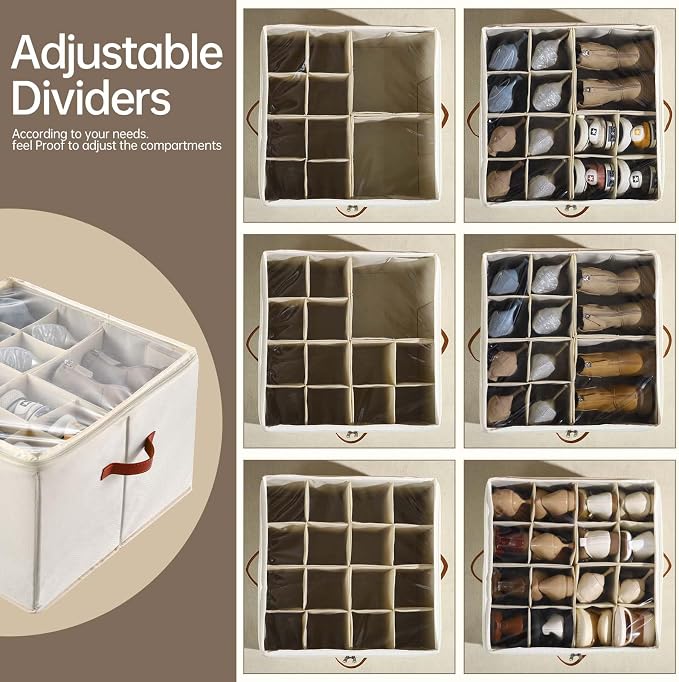 INSTY Shoe Organizer for Closet, 2 Pack Foldable Shoe Storage Containers, Fits up to 16-32 Pairs, Adjustable Dividers for Shoe Organizer, Fabric Shoe Storage Bins with Clear Cover, Beige - Image 3