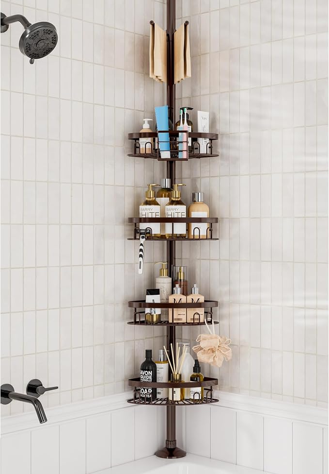 Rustproof Shower Corner Caddy Shelf for Bathroom Tension Pole Organizer with 4 Baskets for Bathtub Shampoo Storage from 23.6 to 114.5 Inch with Towel Bar (Bronze) by cutefafa