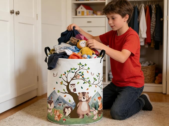 Kids Laundry Basket Animal Hamper for Nursery Woodland Hamper Cute Kids Storage Bin Organizer Room Decor for Home(Tree animal) - Image 4