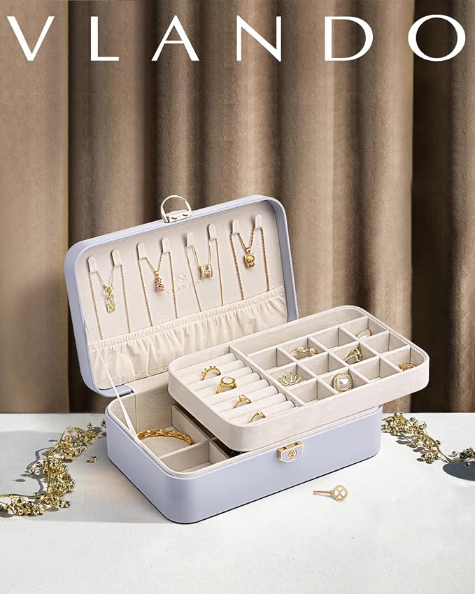 VLANDO Jewelry Box Organizer for Girl,Faux Leather Lockable Jewelry Holder Organzier Case Boxes with 2 Layers,Earrings Necklace,Rings Storage,Wedding Warm Gifts Purple - Image 5