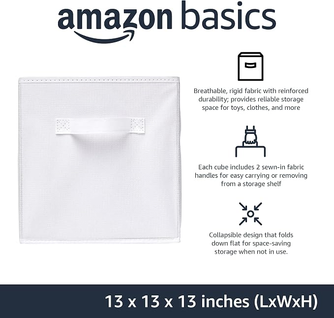 Amazon Basics Collapsible Fabric Storage Bins with Handles, Cube Organizer, 13"x13"x13", White, 6-Pack - Image 2