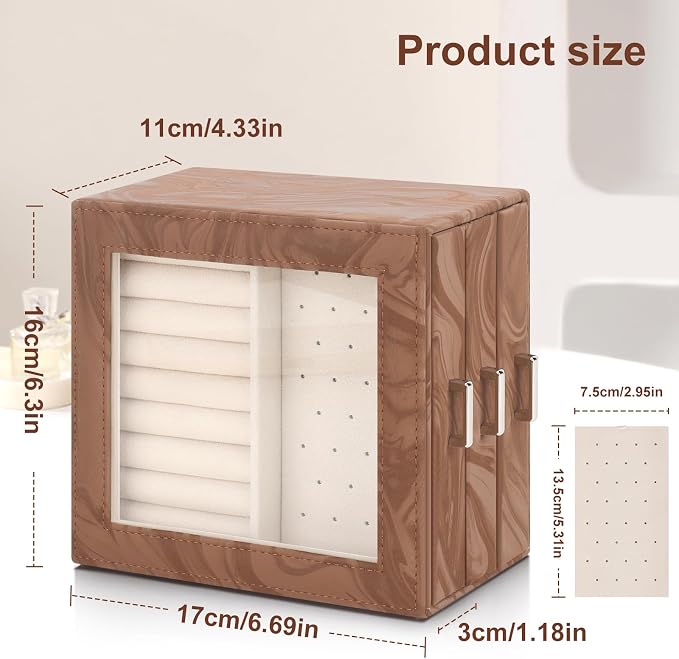 DesignSter Jewelry Box Organizer, Jewelry Box for Women, PU Jewelry Organizer Display Case with Side Drawers, Jewelry Storage for Earring Necklace Ring Bracelet Watch - Image 3