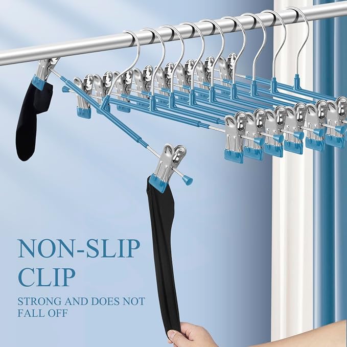 Pants Hangers with Clips 20 Pack Adjustable Skirt Hangers for Women Non-Slip Trousers Hanger for Jeans Clothes Hangers for Pants Heavy Duty Space Saving Shorts Hangers,Blue,12Inch - Image 3