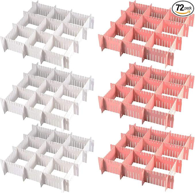 MUKCHAP 72-Piece DIY Grid Drawer Organizer - 12.6 Inch Adjustable Drawer Dividers for Sock, Underwear, Scarf - 36 White, 36 Pink by MUKCHAP