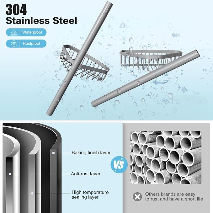 Corner Shower Caddy Tension Pole: Stainless Steel Rustproof 4-Tier Shower Organizer - 47-121 inch Adjustable Bathroom Shelves for Bathtub Shampoo Storage - Tension Rod Floor Standing Bath Rack - Image 5