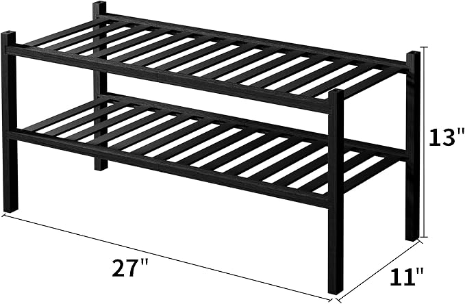ROMGUAR CRAFT 2 Tier Bamboo Shoe Rack for Closet Free Standing Wood Shoe Shelf for Entryway Small Space Stackable 27"x11"x13" (Black) - Image 3