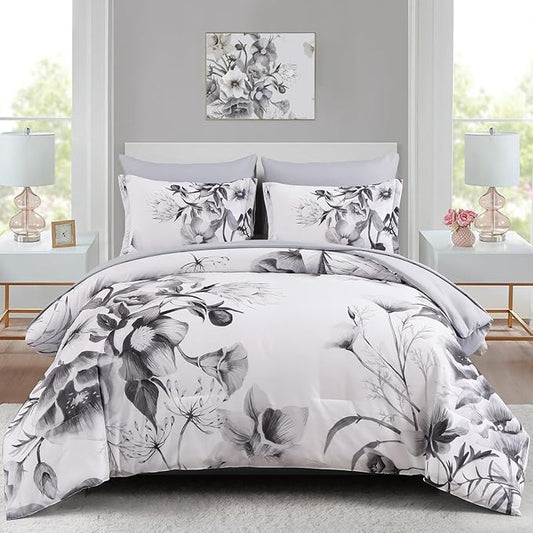 Luxudecor Floral Comforter Set Twin Size 5 Piece, Black Flower Bed in a Bag, Elegant Ink Comforter Bedding Set for All Season (Ink, 68"x86")