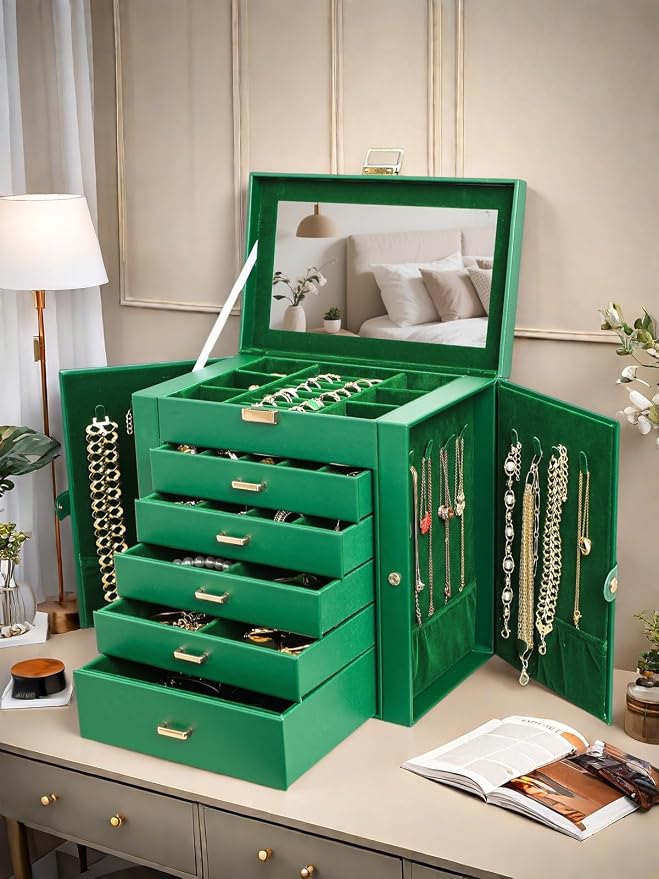 BOOVO Jewelry Box For women, 6 Layer Large Jewelry Organizer With Mirror, Multi-Function Storage Box With Lock, Necklace Holder With 5 Drawers, For Earrings Necklace Bracelet (Green and Gold) - Image 7