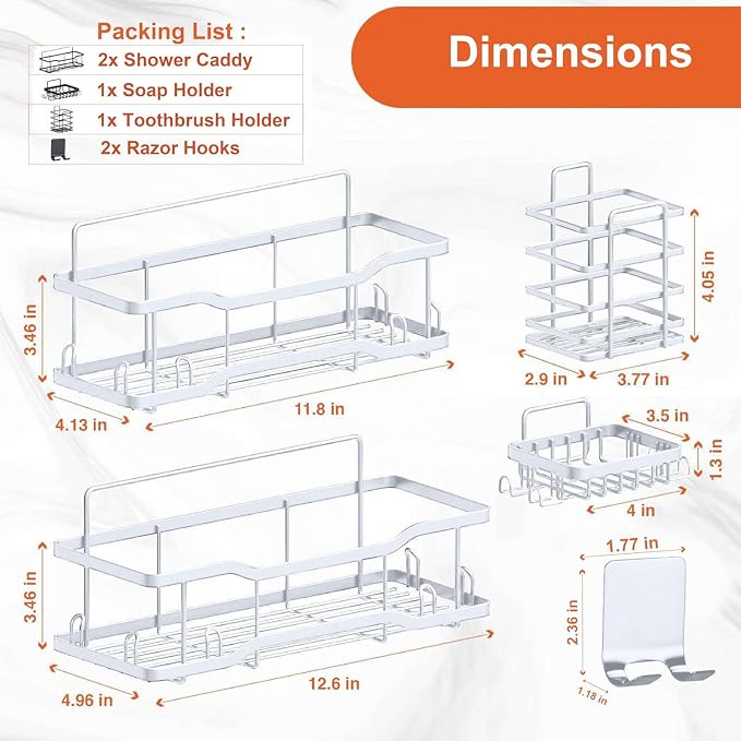 Shower Caddy Bathroom Shelves, The Athena Silken 4 Set, 40LB Capacity, Adhesive Tape -No Drill -Rustproof -Gorgeous Powder Coated 304 Stainless Steel Shower Organizer for kitchen & Home Decor - White - Image 3