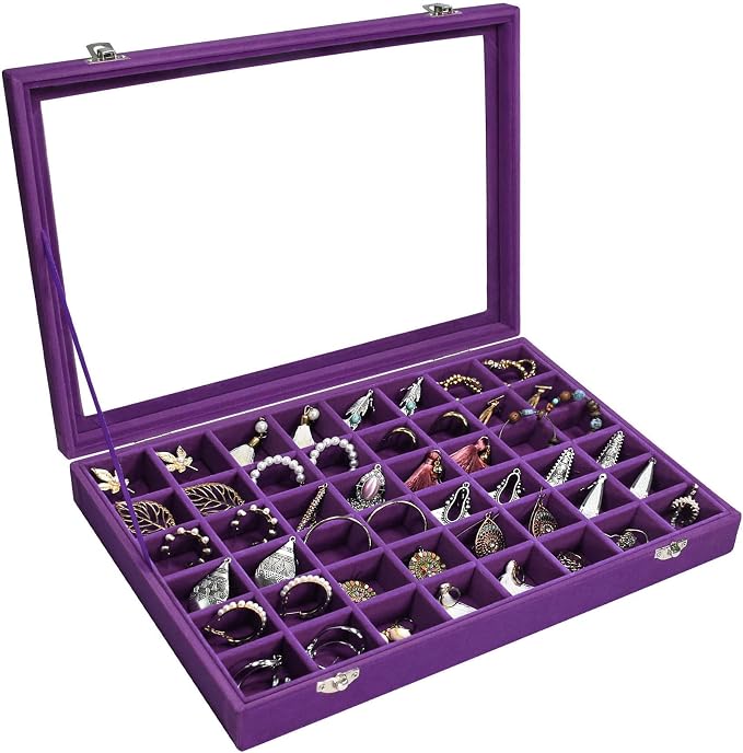 Siveit Velvet Jewelry Tray 48 Grid Jewelry Display Tray Organizer Box with Transparent Lid Rings Earrings Necklaces Pendants Display Box Suitable for Women and Girls (Purple) by Siveit