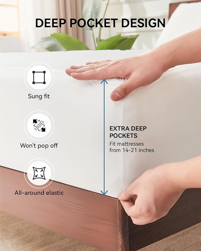 Full Size Cooling Mattress Protector Pad Bed Cover, Breathable Fitted Sheet Style Deep Pocket Soft Noiseless Waterproof Matress Protector Full for Pets Kids Adults