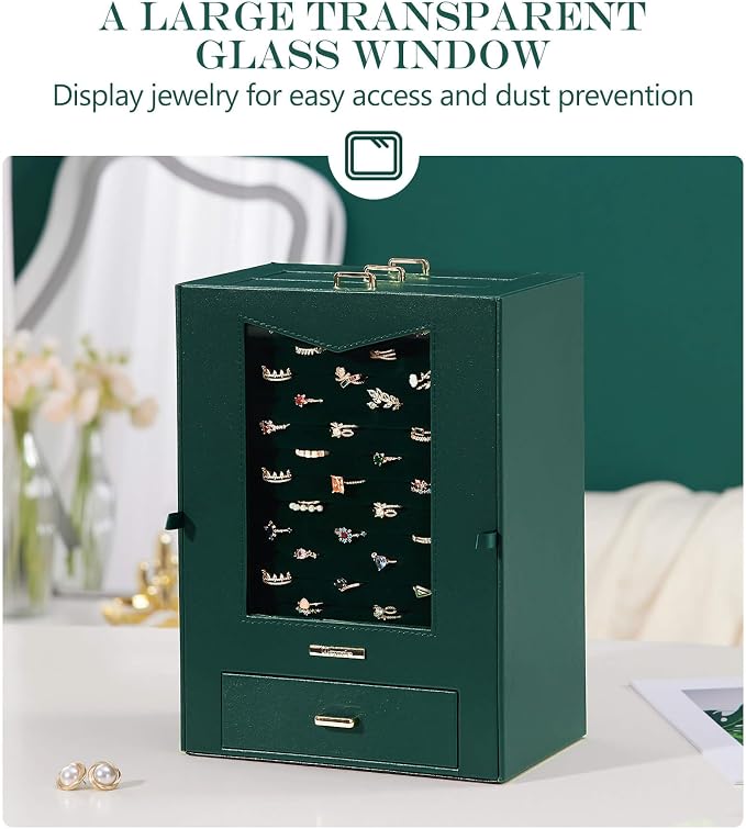 Homde Jewelry Organizer with Transparent Window Necklace Hooks Gift for Women Jewelry Box Display Case for Necklaces Rings Earrings Bracelets and Other Accessories (Forest Green) - Image 2