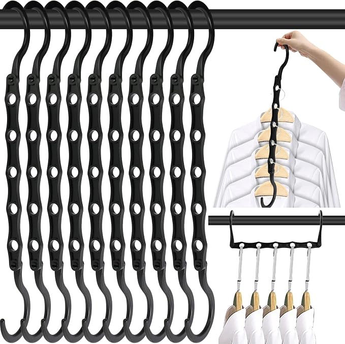 DUCOO Space Saving Hangers 10 Pack, Heavy Duty Magic Cascading Hanger Organizer with 5 Enclosed Anti-Slip Holes, Closet Organizers and Storage for Clothes, College Dorm Room Essentials, Black by Unknown