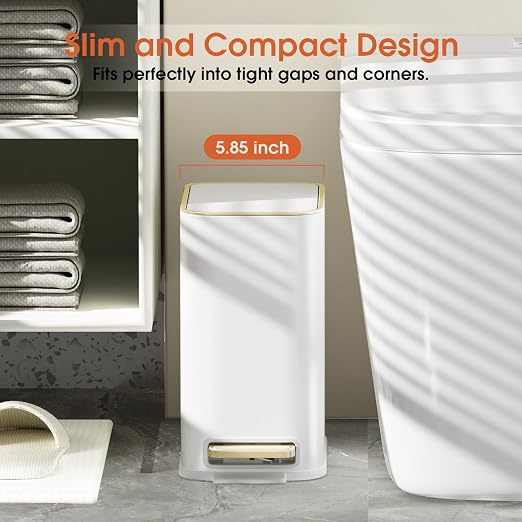 Small Bathroom Trash Can with Lid Soft Close, 5L / 1.3 Gallon Slim Garbage Can with Removable Inner Bucket, Step Stainless Steel Trash Bin for Office, Bathrooms, Bedroom, Living Room (White) - Image 2