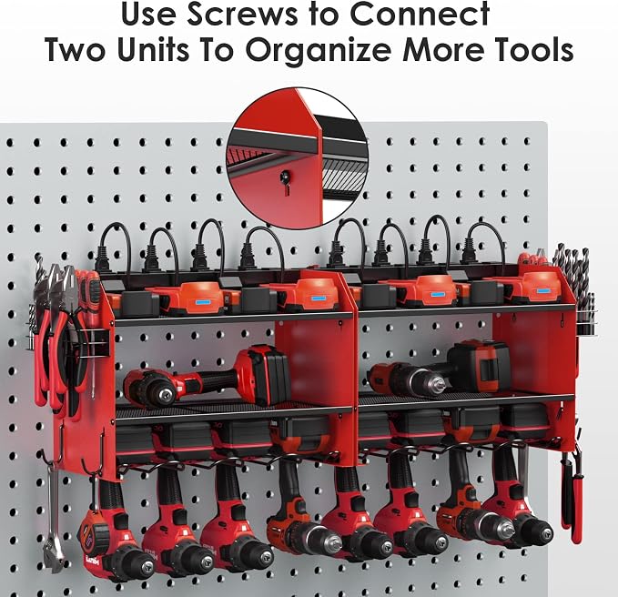 CCCEI Modular Power Tool Organizer Wall Mount with Charging Station. Garage Drill Storage Shelf with Hooks, Heavy Duty Rack, Tool Battery Holder Built in 8 Outlet. Gift for Men. Red, 2 Pack. - Image 6