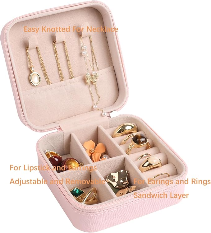 OceeK Travel Jewelry Case Box Organizer,PU Leather Small Jewelry Box,Portable Travel Jewelry Storage Case,Pink,1 Pack - Image 7