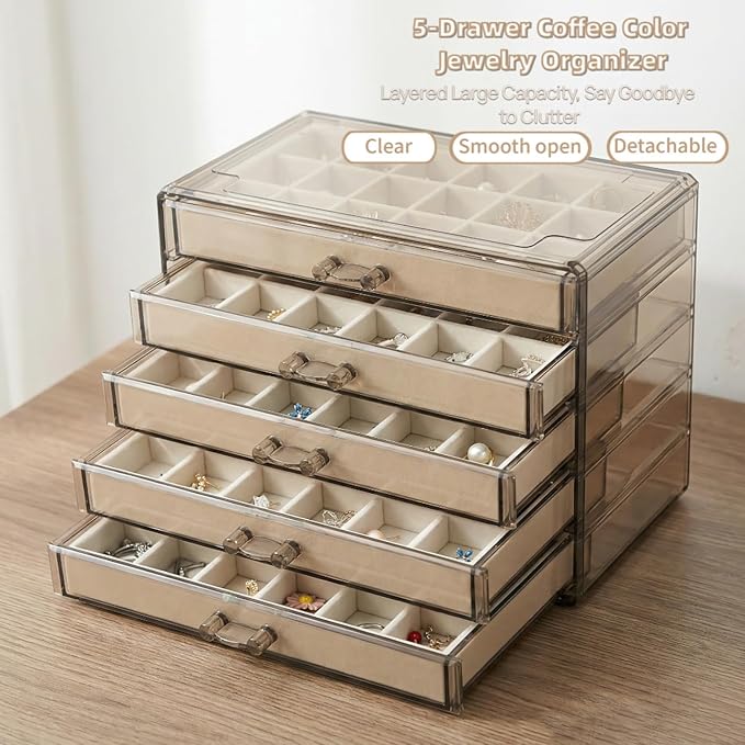 Acrylic Earring Holder Organizer with 5 Drawers Clear Earring Organizer Box with 90 Adjustable Grids Velvet Earring Display Case Jewelry Organizer for Earrings Rings Studs (Brown Beige) - Image 6