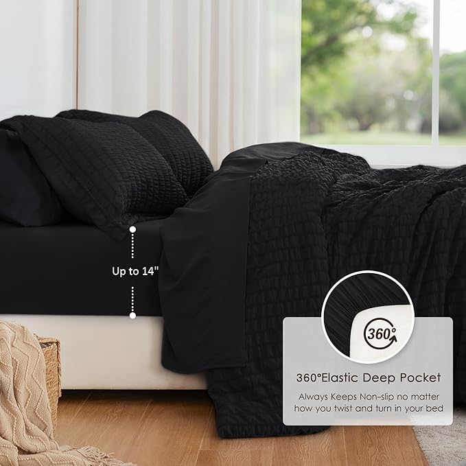 Love's cabin Seersucker Black Queen Comforter Set, 7-Piece All Season Lightweight Bed in a Bag Bedding Set with Comforter, Flat Sheet, Fitted Sheet, Pillowcases and Shams | Soft, Breathable, Lightweight
