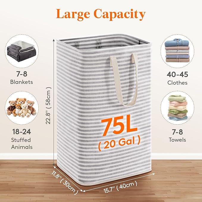 Lifewit 2 Packs Freestanding Clothes Hamper with Carry Handles, Large Tall Laundry Basket for Organization for Adults in Laundry Room Dorm Bedroom, Gray, 2 x 75L - Image 2