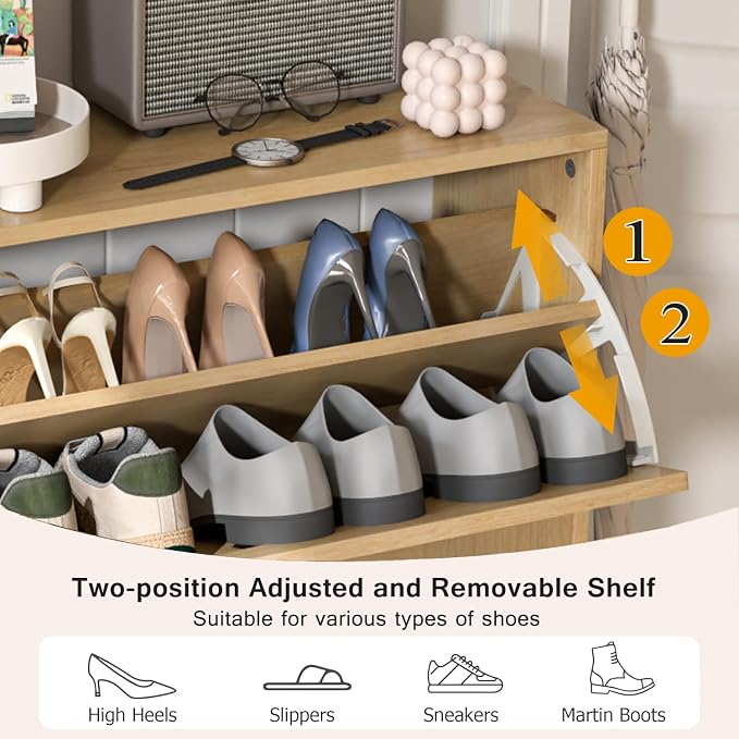 Fsbecl Shoe Storage Cabinet for Entryway with 2 Flip Drawers, Narrow Wood Shoe Cabinet with Fluted Panel, Freestanding Hidden Shoe Organizer for Foyer, Hallway (Wood Color) - Image 5