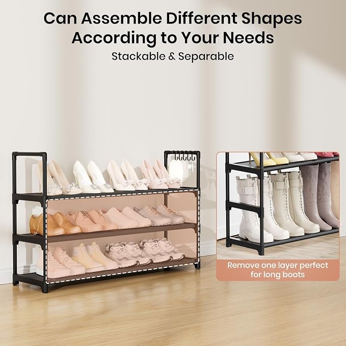 VILICK Shoe Rack for Closet Shoe Organizer Space Saver Storage for 12-15 Pair Shoe Shelf with Hook Free Standing 3 Tier Shoe Rack Organizer for Entryway, Small Spaces, Black - Image 5