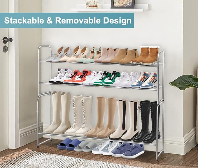 AOODA 2 Tier Long Metal Shoe Rack for Closet Wide Stackable Shoe Storage Organizer 18-Pairs Low Small Sneaker Rack for Entryway, Bedroom, Garage, Grey - Image 5