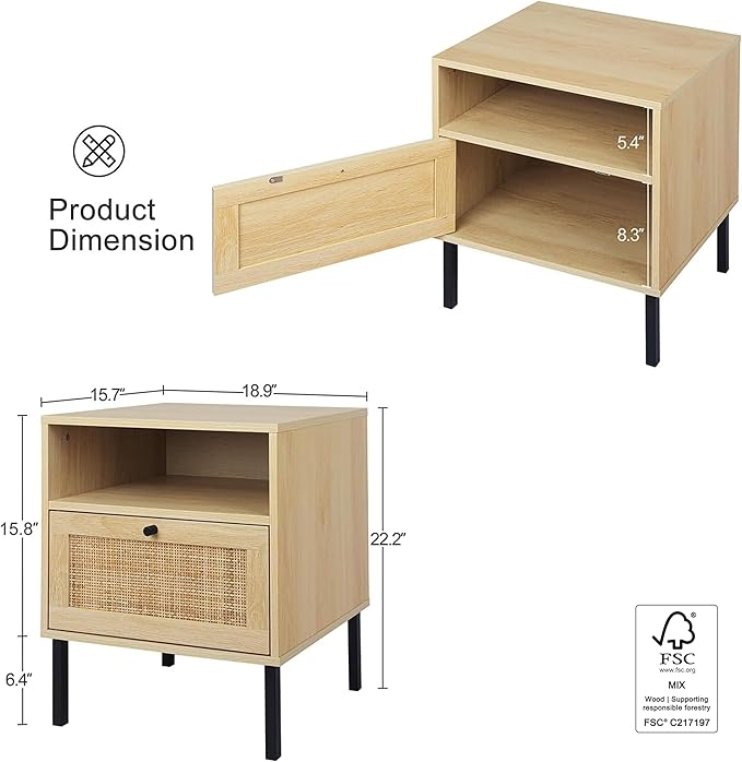 Angel Sar Rattan Nightstands Set of 2, Boho Night Stand with 1 Door, Accent End Table, Wood Bediside Table with Metal Legs&Open Shelf, Natural Wood
