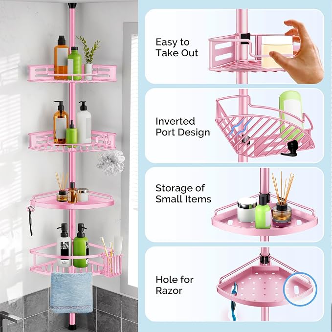 HAMITOR Corner Shower Caddy Tension Pole: Quick Installation 4-Tier Rustproof Bathroom Organizer Shelves for Bathtub Shampoo Storage - 47-121 inch Adjustable Floor Standing Bath Rack Holder - Pink - Image 5