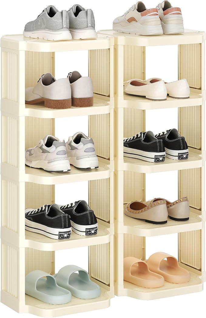 Kitstorack 10 Tiers Stackable Shoe Rack for Closet and Front Door Entrance - Free Standing Plastic Stand, Narrow Tall Vertical Organizer for Small Spaces Storage, White by Kitstorack