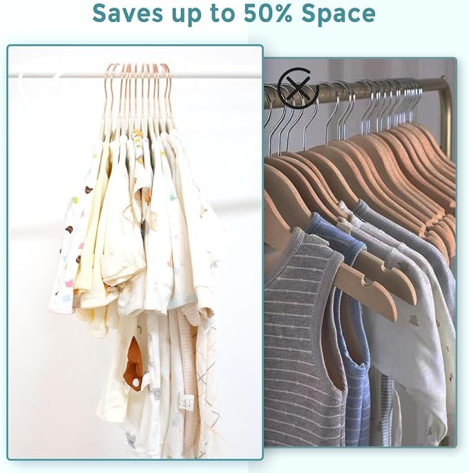 Tonswachic Baby Velvet Hangers 30 Pack - 11 Inch Premium Felt Non Slip Kids Hanger for Infant & Toddler Clothes - 0.2" Slim Space-Saving Baby Felt Hangers for Children's Closet with 10 Clips - Beige - Image 5