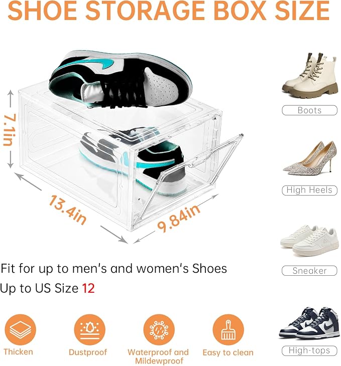 INSTY 6 Pack Large Shoe Storage Box, Clear Shoe Storage Organizer with Magnetic Door, Stackable,Shoe Containers For Display Sneakers, Easy Assembly, Fit up to US Size 12, Clear - Image 2