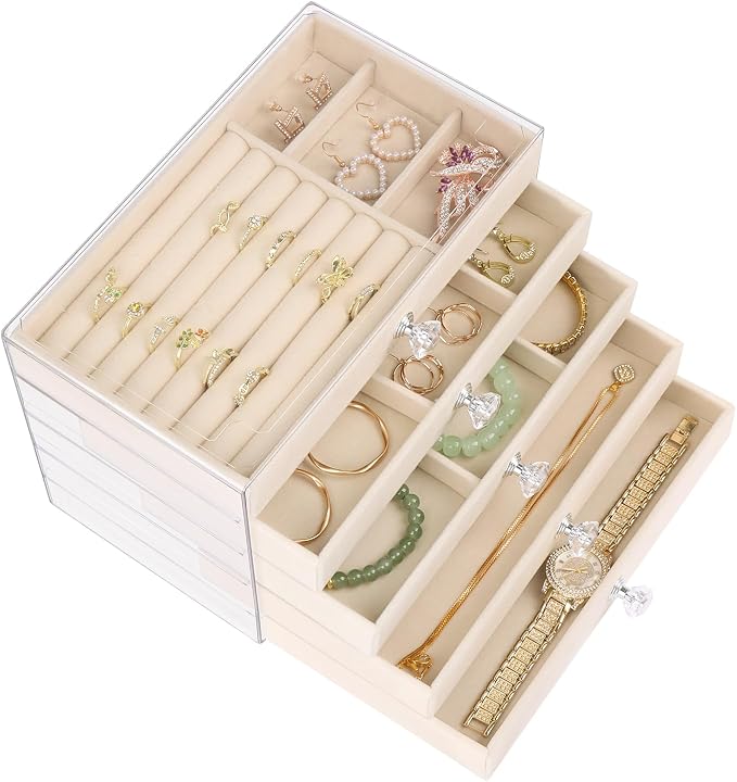 Hyber&Cara Luxury Acrylic Jewelry Box Organizer - 5 Drawers Velvet Lined Clear Stackable Storage for Earrings Necklaces Rings Bracelets Elegant Beige Dresser Top Vanity Display - Image 8