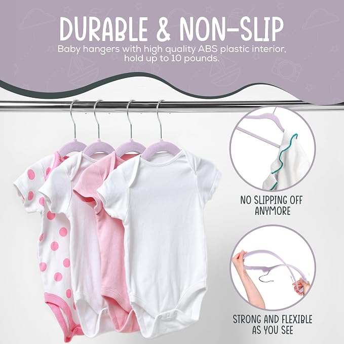 TechZoo 50 Premium Velvet Baby Hangers 11.8" Inch Non-Slip Infant, Ultra Slim Space-Saving Children Closet Hangers, 360° Swivel Hook, Strong & Durable Baby Toddler Kids Clothes Hanger, Purple - Image 5