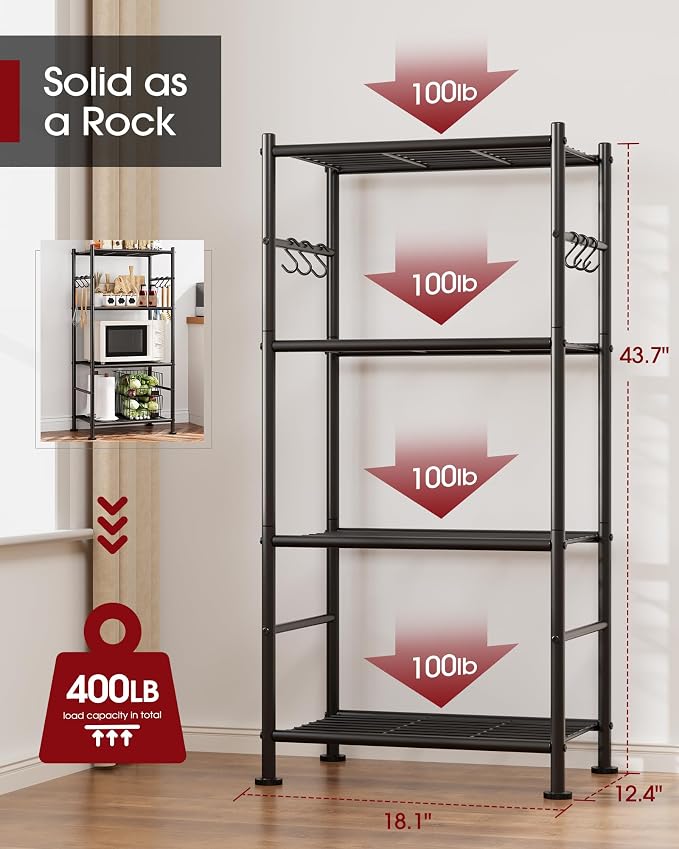 Sakugi Storage Shelves - 4-Tier Large Capacity Shelf Organizer with Hooks, Heavy-Duty Garage Shelving with Leveling Feet, Wobble-Free Rack for Bedroom, Balcony, Garage, 18.1"×12.4"×43.7", Black - Image 3