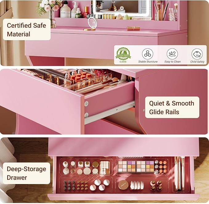 Driftalia Small Vanity Desk with Mirror and Lights, Makeup Vanity with Storage Drawer, 2 Shelves and 3 Compartments - Pink