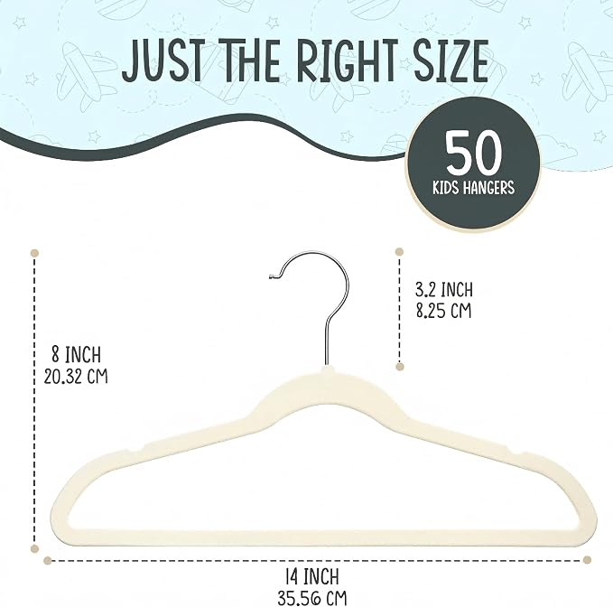 TechZoo 50 Premium Kids Velvet Hangers - 14" Non-Slip Clothes Hangers for Kids & Preteens - Ultra Slim, Space-Saving, Strong & Durable Hangers with 360° Swivel Hook - Ivory - Image 2