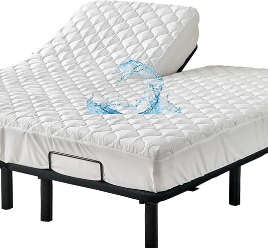 Quilted Waterproof Split Top California King Mattress Protector Pad for Adjustable Bed with Upper Flex Padded Topper Noiseless Fitted Matress Cover 32-34 Split from Head Cal King White