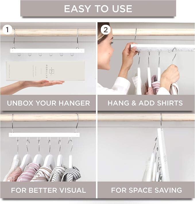 MORALVE Space Saving Hangers for Closet – 4 Pack European Beechwood 6-Tier Shirt Organizer with 360° Swivel Hook – Collapsible Clothes Hanger for Closet Organization (Hangers Not Included) - Image 7