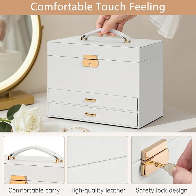 AKOZLIN Travel Jewelry Box Organizer Functional 2-trays Leather Jewelry Storage Case with Lockable Portable 2 Drawers for Women Girls Ring Necklace Earring Bracelet - Image 8