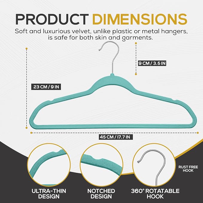 Techzoo 50 Pack New Premium Quality Velvet Hangers Ultra Thin Non Slip Adult Felt Space Saving Hangers for Closet Heavy Duty Coat Pants Dress Hangers 360° Swivel Hook Hold Upto 10 lbs Teal - Image 2