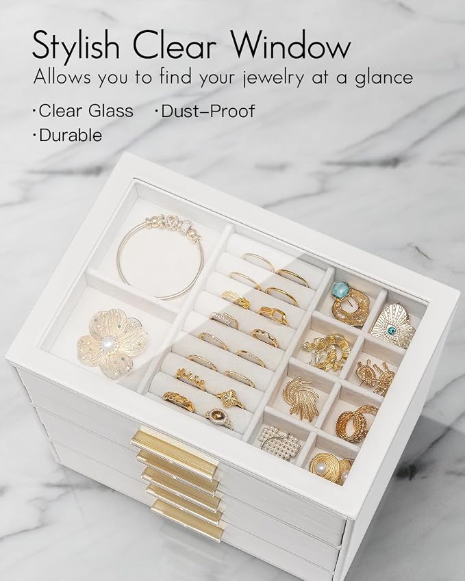 VLANDO 5 Layer Jewelry Box for Women, Glass Lid Jewelry Organizer with 5 Drawers for Necklaces Rings Earrings Bracelets - White - Image 5