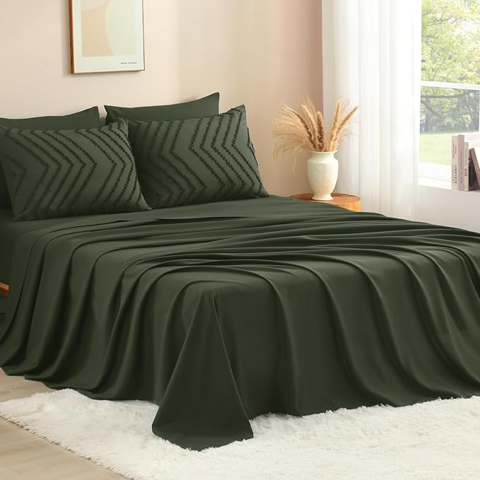 Litanika King Size Comforter Set with Sheets Dark Olive Green - 7 Pieces Bed in a Bag King Chevron Tufted Complete Bedding Sets with Comforter, Sheets, Pillowcases & Shams