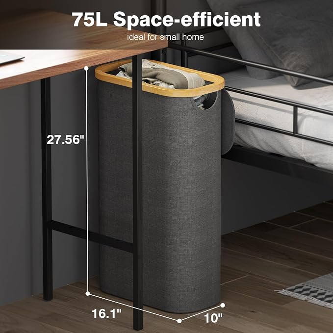 Bathola 75L Slim Laundry Hamper with Lid, Dirty Clothes Hampers for Laundry, Collapsible Laundry Baskets for Small Spaces, Bedroom, Bathroom, Laundry Room, Dark Grey - Image 2