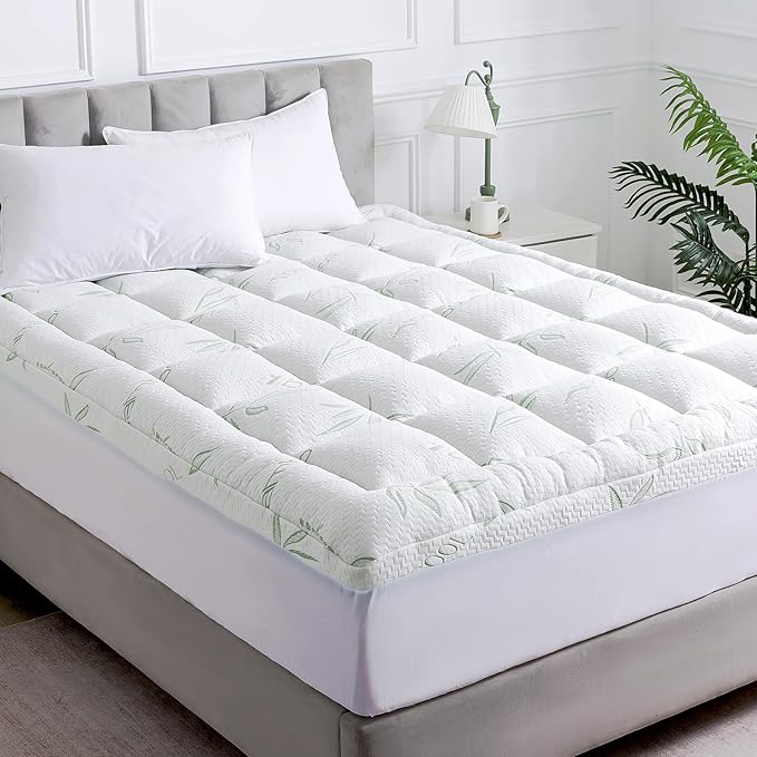 WhatsBedding King Mattress Topper, Soft Pillow Top Mattress Topper with Deep Pocket Fits 8–21 Inch,7D Spiral Fiber Filling, Bamboo Viscose Air Layer Mattress Topper King.
